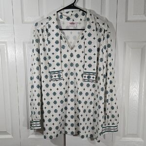 Lucky Brand Women Size 42 White and Green Geometric Long Sleeve Blouse